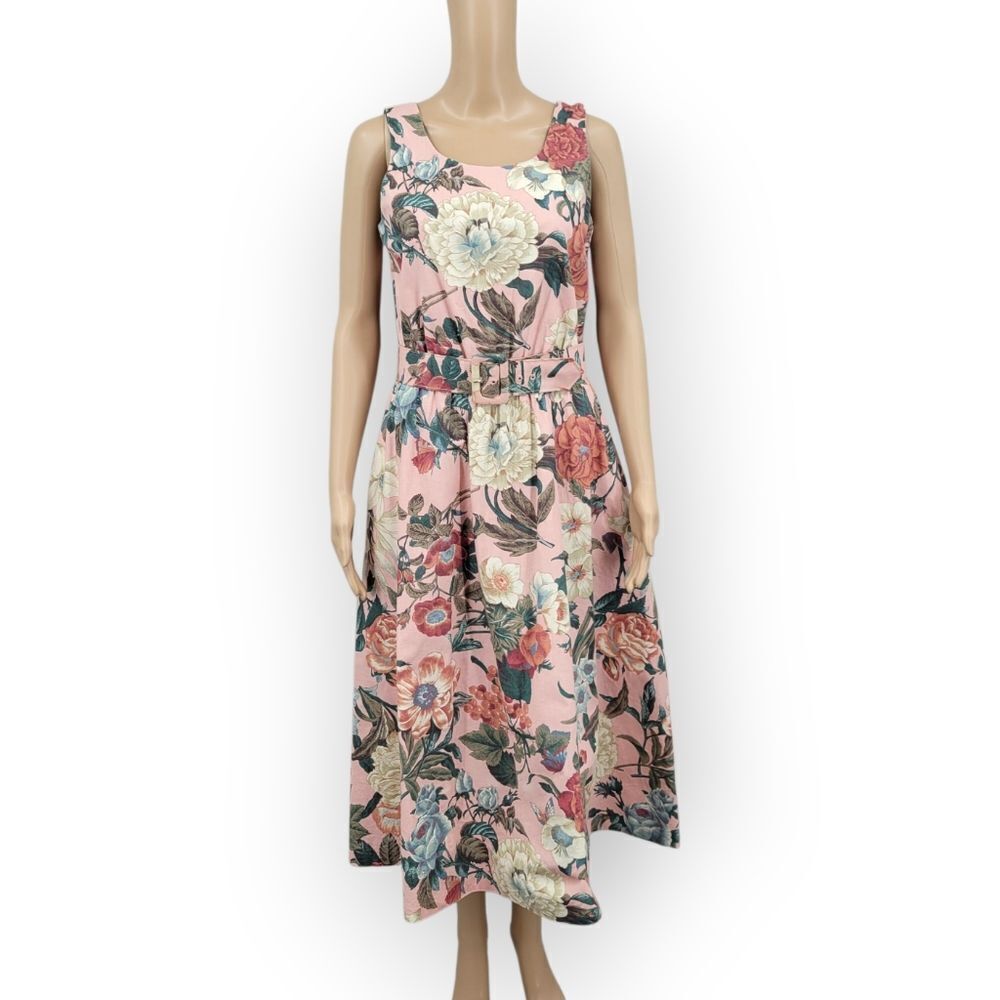 Sabino Vintage Dusty Rose Mauve Pink Floral Sleeveless Dress Belted Tea Length